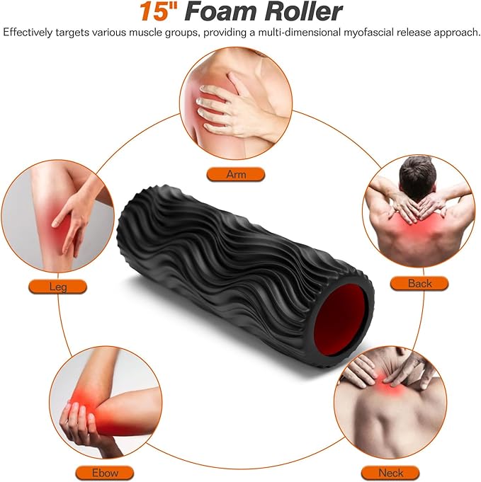 5 in 1 Foam Roller Set - Trigger Point Foam Back Roller, Muscle Roller Stick, Massage Ball, Stretching Band for Deep Muscle Massage Pilates Yoga,Fitness Exercise for Whole Body Release (Black)