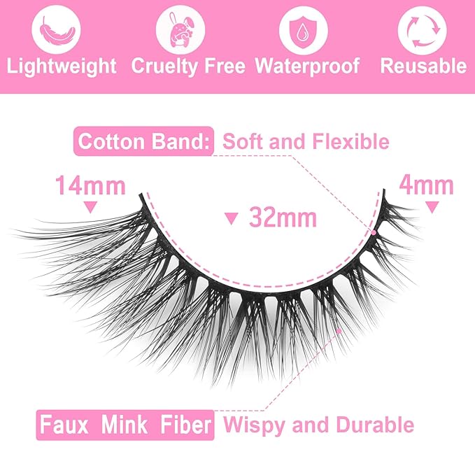 Lashes Natural Look False Eyelashes Wispies Short Faux Mink Lashes Soft 14mm Cat Eye Wispy Strip Eyelashes Pack