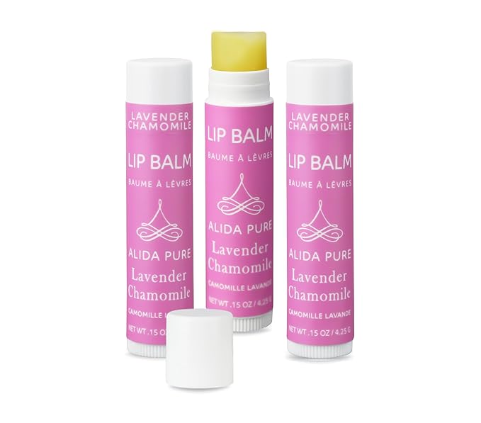 ALIDA PURE Lavender Chamomile Lip Balm Collection, Vegan Set, Beeswax Free, with Organic Jojoba and Avocado Oil, Vitamin E, Natural Moisturizer for Dry, Chapped Lips, 3 Tube Set