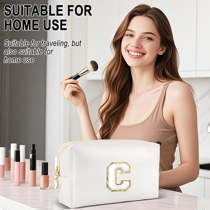 URSKYTOUS Gifts for Girls Initial Makeup Bag Personalized Cosmetic Bag with Zipper Cute Travel Toiletry Bags Waterproof PU Preppy Makeup Pouch Birthday Gift for Teen Girls Women(White C)