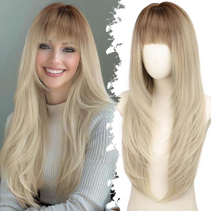 Long Dark Brown Rooted Platinum Wig with Bangs for Women,4x4 Realistic Scalp,Free Parting,Layered Hairstyle Synthetic Heat Resistant for Daily Party Use 26 inch