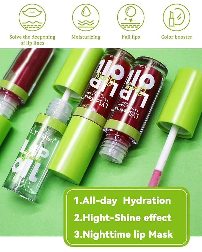 Hydrating Lip Glow Oil Kit-4 Colors Lip Oil Lip Glaze,Tinted Lipgloss Clear Pink Red Glow Reviver Tint Lip Oil Lip Stain, Non-sticky Lipstain Lip Gloss,Christmas Makeup Gift Kit for Women-Set C