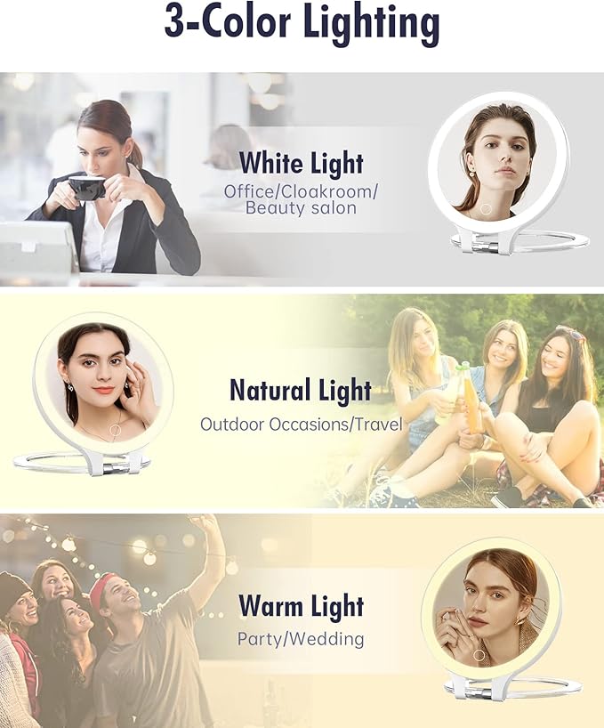 FASCINATE Magnifying Mirror 10X 1X Double Sided Magnification Makeup Vanity Mirror Rechargeable Lighted Mirror with 3 Color Setting Adjustable Rotation LED Vanity Desk Mirror
