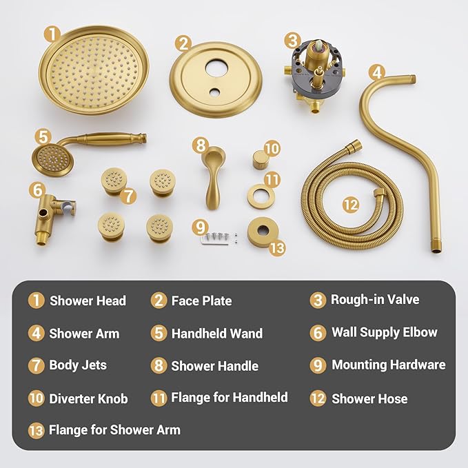 DASAN Antique Shower Faucet Sets Complete Rain Shower System in Wall with Body Shower Spray Jets, Brushed Gold Shower Fixtures with 9'' Rainfall Overhead Shower, Handheld, Valve & Trim Kit, AT249W-BTG