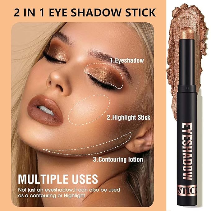Champagne Shimmer Eyeshadow Stick Makeup,Matte Cream Eye Shadow Pencil,High Pigmented Crease proof Eye Shadow Brightener Stick,Waterproof Long Lasting Eye Highlighter Crayon Eyeliner