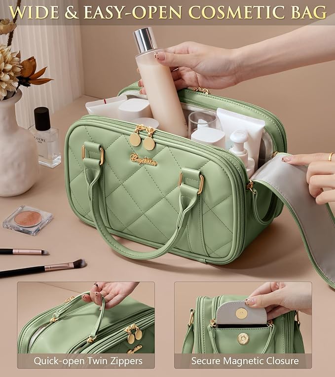 Bagstellar Travel Makeup Bag, Large Capacity Quilted Toiletry Bag for Women, Wide-open Cosmetic Bag Make Up Case Organizer Portable Pouch w/Handle & Brush Holder for Traveling Accessories, Sage Green