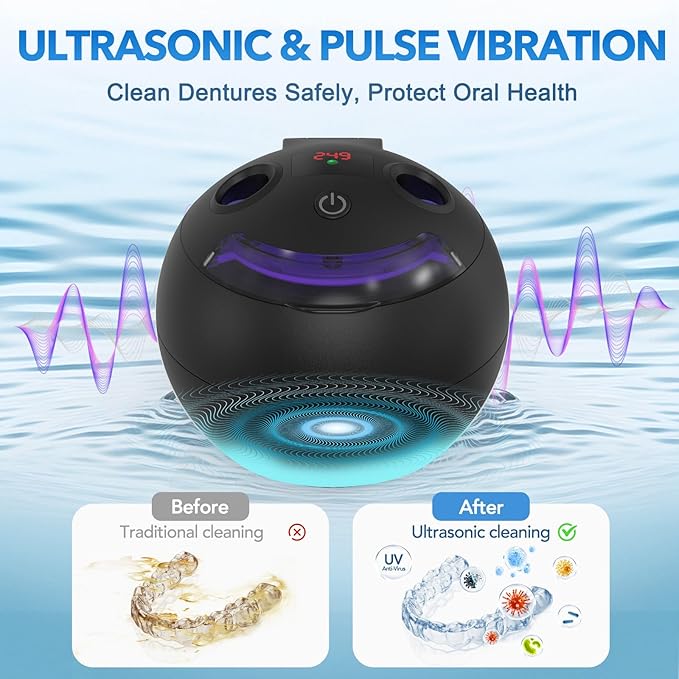Dental Ultrasonic Retainer Cleaner - 48kHz Dental Cleaning Pod for Denture, Braces, Mouth Guard, Toothbrush Heads, Jewelry, 4 Modes Retainer Cleaner Machine with Digital Timer & 200ML,Black