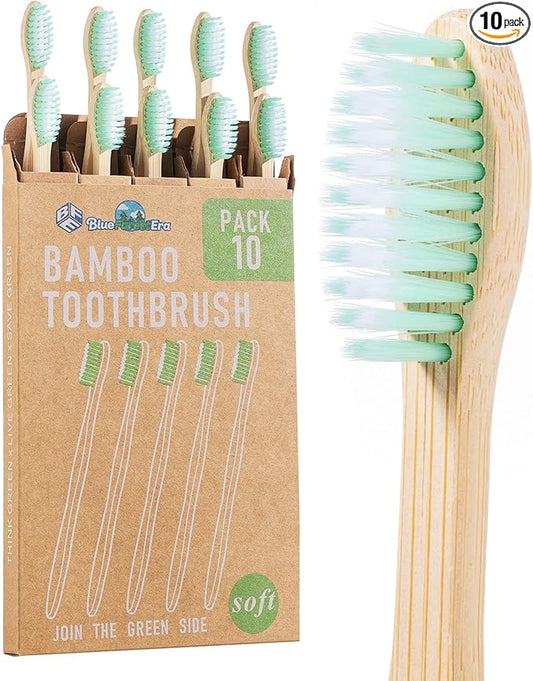 Bamboo Toothbrushes 10 Count Set, BPA Free Soft PBT Bristles, Natural Eco-Friendly Wooden Toothbrush, Organic Biodegradable Travel Tooth Brush for Adults