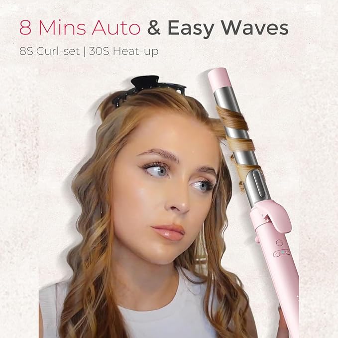 Rotating Automatic Curling Iron for Beach Waves - TYMO Curling Wand for Long Hair, Extra Long Barrel Ceramic Hair Curler for Women, 40M Ionic & Dual Voltage, 5 Temps & 30s Heat-up, 1.25 Inch, Pink