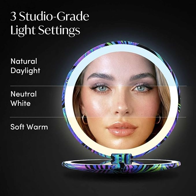 Fancii Taylor LED Lighted Compact Travel Mirror, Rechargeable, 10x /1x Magnifying, 3 Light Settings - Best for Makeup, On The Go Touch-Ups, Grooming (Neon Oasis)