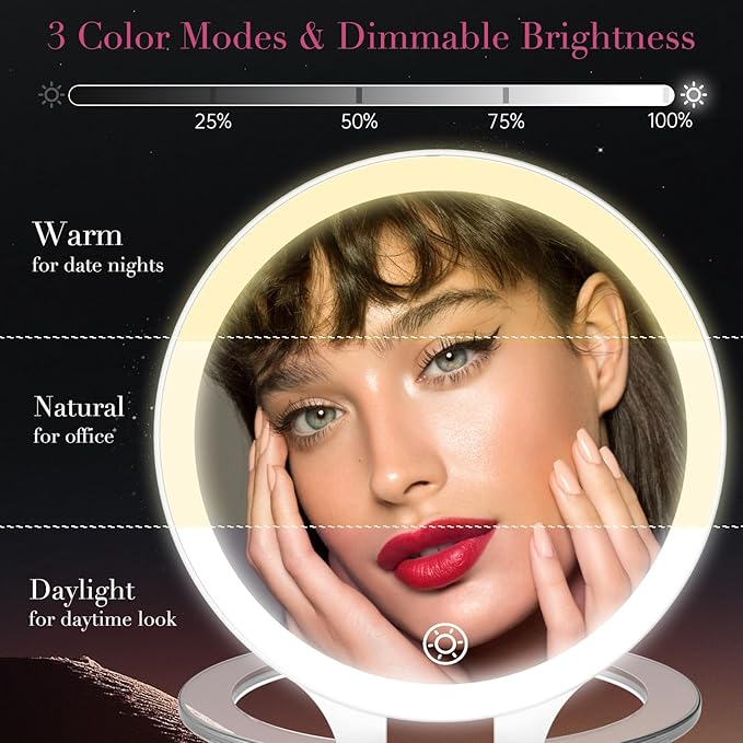 Magnifying Mirror with Light 10X/1X, Double Sided travel mirror with light, Rechargeable makeup mirror with 3 color setting Adjustable stand Lighted mirror Vanity Portable Desk Cosmetic Mirror
