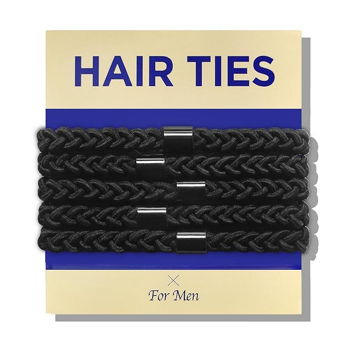 Braided Mens Hair Ties For Men - For Buns Curly Thick Dense Hair Elastic Hair Ties For Guys | No damage Crease Breakage Black 5 Count (Pack of 1)