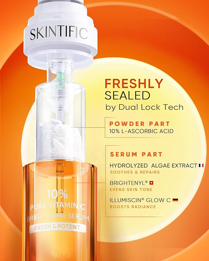 Dual-Chamber Fresh Vitamin C Brightening Serum for Face, 10% Pure Vit C Powder Serum, Dark Spot Corrector, Oxidation-Proof with UV Shield