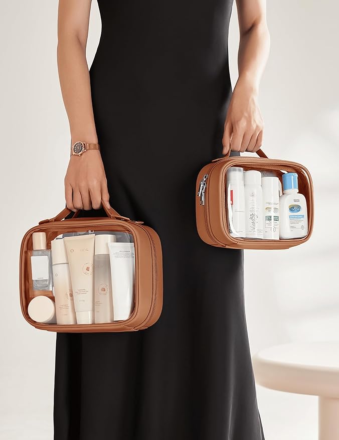 Oaque Clear Cosmetic Bag Double Layer Travel Toiletry Bag Clear Makeup Bag Case with 4 Compartments, Transparent Travel Bag for Toiletries, Large Toiletry Bag for Women Cosmetic Case (Brown, Small)