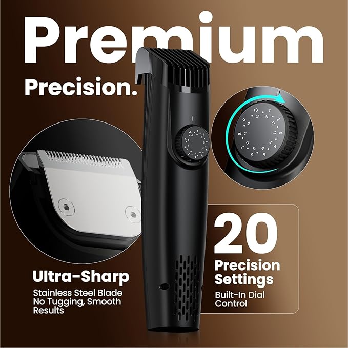 Vacuum Beard Trimmer for Men – Mustache Trimmer with Adjustable Comb - Men's Beard Trimmer Cordless - Beard Trimmer with Vacuum Precision Dial, Low Noise, Waterproof Grooming Kit