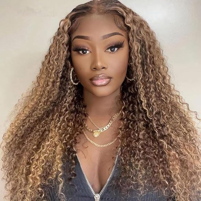 Ombre Highlight Wear and Go Glueless Wig Kinky Curly 4/27 Honey Blonde Glueless Wigs Human Hair Pre Plucked Pre Cut, 6x4 HD Lace Frontal Ready to Wear Wig 200% Density 24 inch