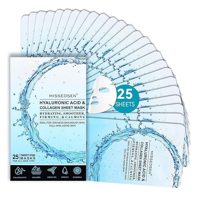 MISSEDSEN Collagen Face Mask with Hyaluronic Acid, Vitamin E Oil for Skin Care Hydrating, Moisturizing, Brightening & Anti Aging Face Masks Skincare for Oil, Dry, Acne, Sensitive All Skin Types 25PCS