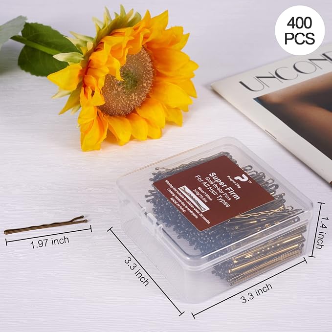 2" Bobby Pins in case - 400 Pcs Gold Hair Pins Clips Bulk for Women - Mini Strong Hold Bun Pins for All Hairstyle (Thin/Thick/Curly/Straight) - Hair Accessories for Styling, Updos, Daily Use