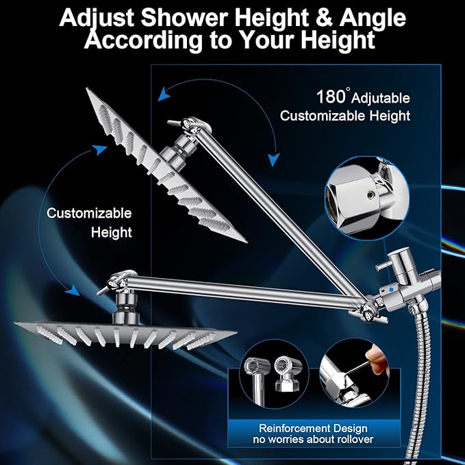 Shower Head Combo,10 Inch High Pressure Rain Shower Head with 11 Inch Adjustable Extension Arm and 5 Settings Handheld ,Powerful Shower Spray Against Low Pressure Water with Long Hose