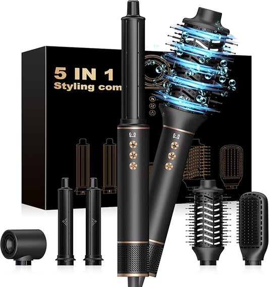 Hair Dryer Brush 5 in 1 Autowrap Hot Air Hair Styler with High-Speed Aluminum Alloy Blow Dryer Brush Volumizing, Straightening & Fast Drying with Negative Ion, No Heat Damage (Black)