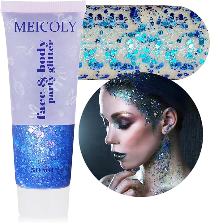 MEICOLY Chameleon Blue Hair Glitter,Holographic Chunky Face Glitter Gel,Self-Adhesive Color Changing Mermaid Singer Concerts Sparkling Glitter for Face Body,Halloween Festival Party Makeup,50ml