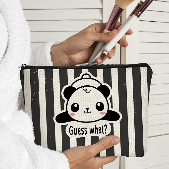 BARPERY Panda Gifts Makeup Bag for Women Girls - Cute Baby Panda 'Guess What It's Pug Butt' Cosmetic Case for Teens Daughter - Accessories (Black and White Stripe 1)
