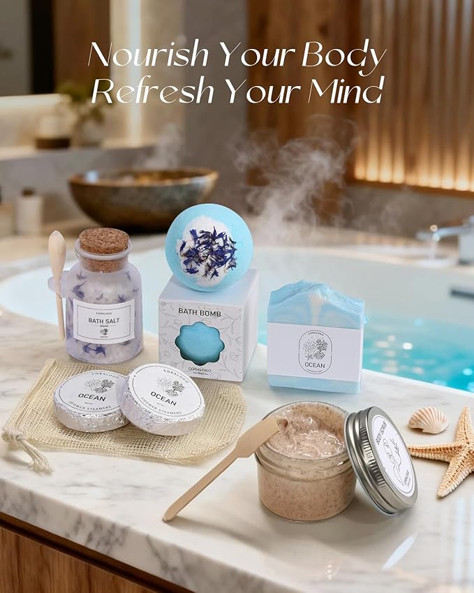 Coralogo Ocean Spa Gifts for Women - 11pc Self-care Spa Gift Basket with Scented Candle, Bath Salt, Greeting Card - Thinking of You Basket for Her Birthday, Christmas, Mother's Day, Valentine's Day