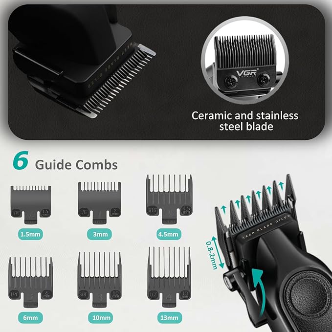 VGR 197 Professional Hair Clippers for Men, Cordless & Corded Barber Clippers with Ceramic Stainless Steel Blades, LED Indicator, Hair Cutting Kit with 6 Guide Combs & Grooming Accessories