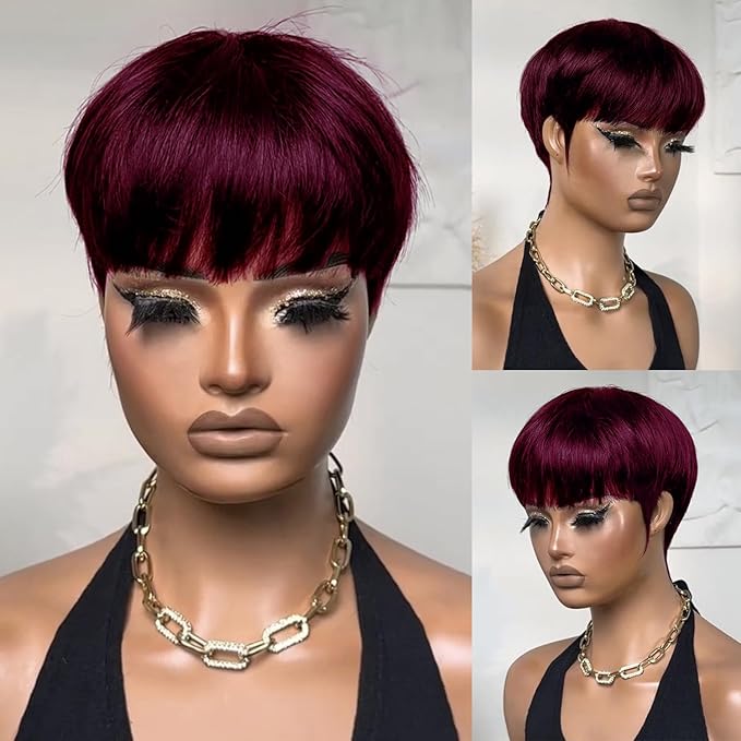 Short Pixie Cut Human Hair Wig for black women Burgundy Red Straight Human Hair Non-Lace front Wig with bangs full machine made 99J Colored Glueless Short Haircut Wig