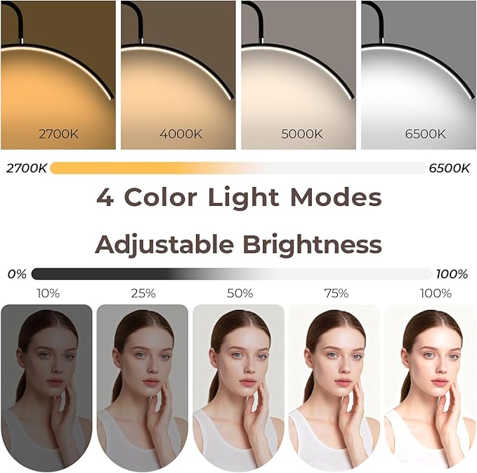 young master Half Moon Lash Light, 24W 1500LM Dimmable LED Floor Lamp with Adjustable Height for Lash Techs, Tattoo & Nail Artists, 4 Color Modes, Phone Holder & 2 Trays Included