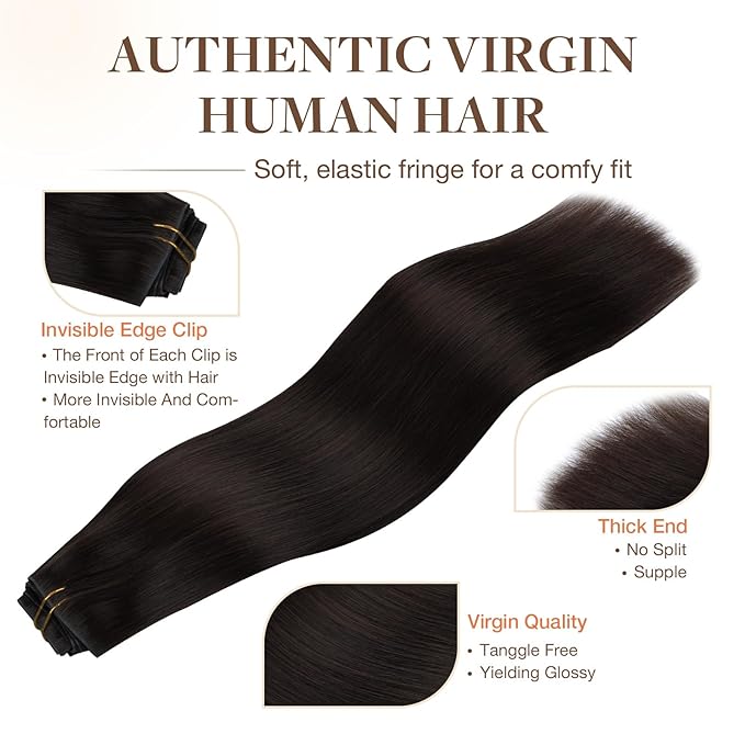 GOO GOO Invisi Edge Clip in Hair Extensions 16inch 130g 7Pcs Injected Seamless PU Clip in Hair Extensions, Virgin Real Human Hair, 2 Dark Brown