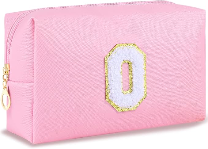 URSKYTOUS Initial Makeup Bag Personalized Preppy Travel Small Cosmetic Bag Cute PU Pink Chenille Letter Makeup Pouch for Purse Waterproof Zippered Toiletry Organizer for Women Girls Kids Friends (O)
