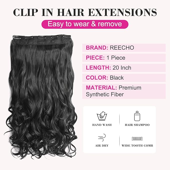 REECHO 20" 1-Pack 3/4 Full Head Curly Wave Clips in on Synthetic Hair Extensions HE008 Hairpieces for Women 5 Clips 4.5 Oz per Piece - Natural Black