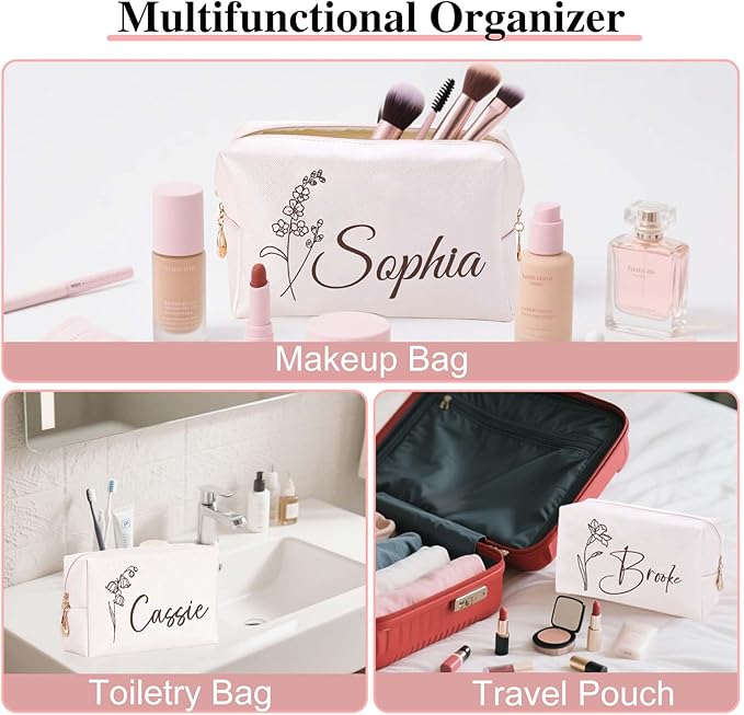 Fincekoom Valentines Day Gifts for Her Teen Girls, Personalized Makeup Bag with Name & Birth Flower, Custom Leather Cosmetic Bags for Women, Customized Travel Toiletry Bag Gifts for Bridesmaid Wedding