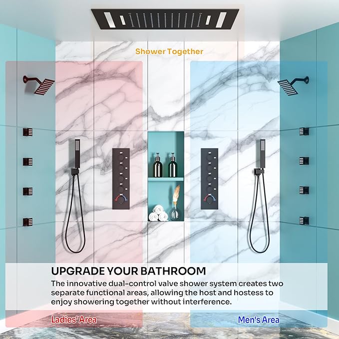 HOMEDEC Luxury Dual Shower System for Couples, LED 14x20" 2-Function and Dual 6" Side Wall Mounted Shower Heads, with 4-Way Diverter Valves, Black
