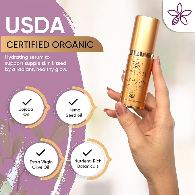 Honey Girl Organics HoneyGlo Regenerating Face Serum, USDA Certified Organic Facial Serum for Women Softens and Moisturizes Skin with Enriched Beehive Ingredients, Vitamin C and EVOO (1 oz)