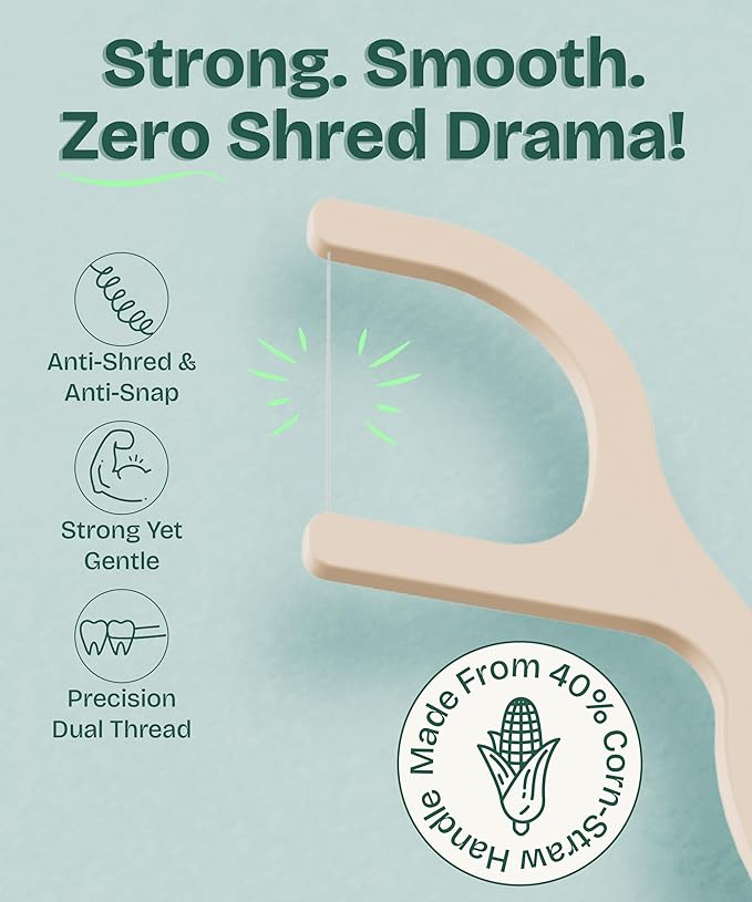 Dental Floss Picks (200pcs) - Flossers for Adults, Vegan Corn-Straw Handle, Superior Oral Care & Anti-Shred Thread, Dental Hygiene, Tooth Pick Sticks, Teeth & Gum Health (Mint, Single Thread)
