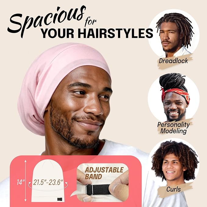 Fittia Satin Hair Bonnet for Sleeping, Silky No Frizzy for Curls Care, Adjustable Strap for Non-Slip, Dreadlocks Cap for Women&Men Pink
