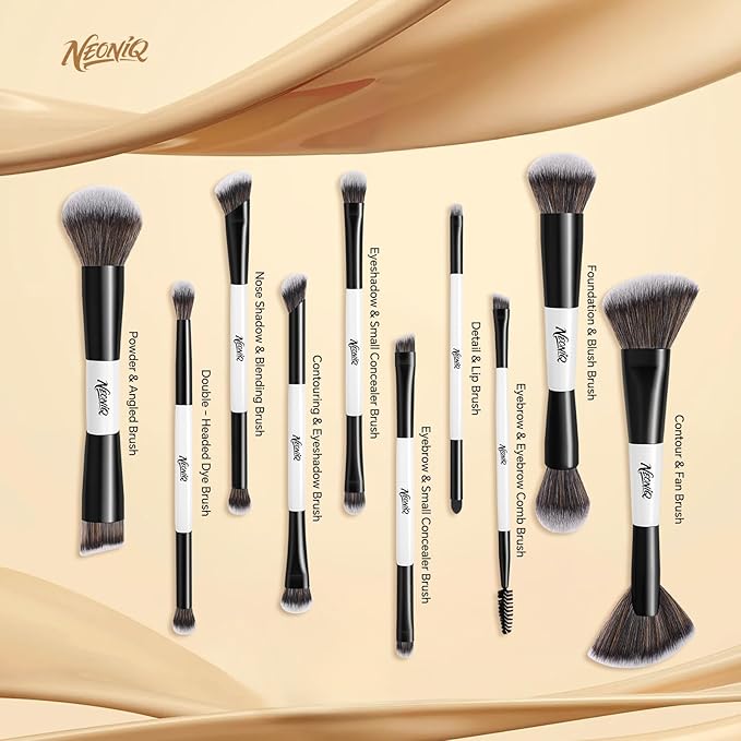 NEONIQ 10 PCS Foundation Contour Conceal Brush Set With Bag, Makeup Brushes, Double-End Multi-functional Brushes for Foundation Powder Blush Eyeliner Eyeshadows, Professional Face Brush Set（White）