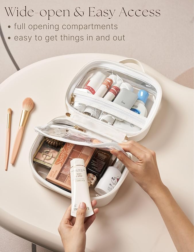 Oaque Clear Cosmetic Bag Double Layer Travel Toiletry Bag Clear Makeup Bag Case with 4 Compartments, Transparent Travel Bag for Toiletries, Large Toiletry Bag for Women Cosmetic Case (White, Small)