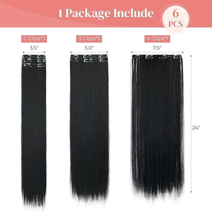 LONAI Clip in hair extensions 6PCS Straight 24" Hair Extensions for Women，Heat Resistant Synthetic Hairpiece-Black