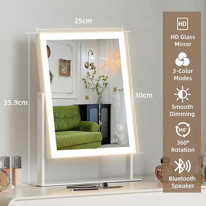 Hansong Vanity Mirror with Lights 11.8"x9.8" Lighted Makeup Mirror with Bluetooth Speaker Smart Touch Control LED Mirror with 3 Color Light Modes Detachable 10X Magnification and 360°Rotation
