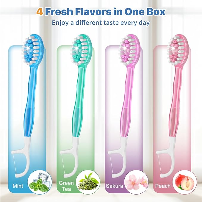 5-in-1 Disposable Toothbrush with Toothpaste (24 Pack), Individually Wrapped Mini Travel Toothbrush, Soft Bristles, Dental Floss, Toothpick & Tongue Scraper, No Water Needed, 4 Flavors