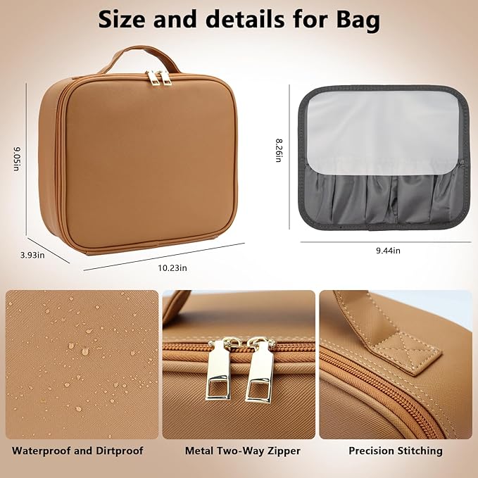 SLUMAZI Travel Makeup Bag with LED Mirror Travel Makeup Organizer with 3 Lighted Settings, Adjustable Dividers and Makeup Brush Storage Bag Brown
