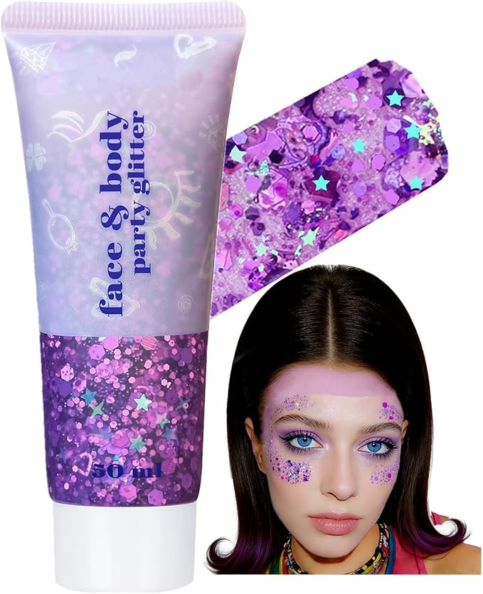 Go Ho Light Purple Face Body Glitter - Party Flash Festival Rave Outfits for Women&Kids,Holographic Glitter Face Paint,Halloween Mermaid Fairy Makeup Chunky Sequins Gel,Rave Pride Accessories