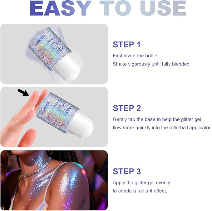 1PC Roll-on Holographic Body Glitter Gel for Body, Hair, Face, Chameleon Color Changing Glitter Gel Under Light, Chunky Mermaid Sequins Festival Party Rave Accessories Shimmer Makeup (Glint-Rainbow)