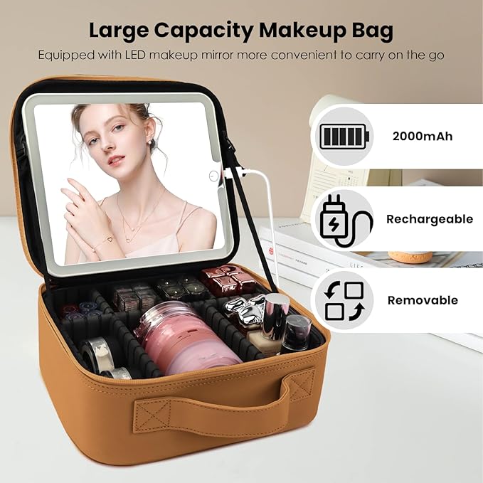 SUILU Makeup Bag with Led Mirror,Portability Cosmetic Case Portable Cosmetic Brush Organizer Bag with Adjustable Dividers,Gift for Women,Girls Gift (Light Brown)