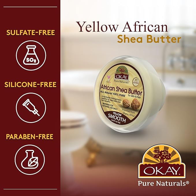 Okay 100% Natural African Shea Butter Yellow Smooth Deep Moisturizing Restores Moisture To Dry Damaged Skin Reduces Skin Damage Heals & Nourishes Made In USA 1oz