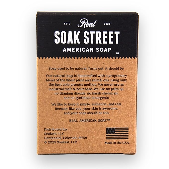 Soak Street Real American Soap with Activated Charcoal & Tea Tree Oil (3 Pack) – Long-Lasting, Moisturizing Natural Bar Soap with Grass Fed Tallow, Gentle Conditioning Lard, & Coconut Oil – Daily Use