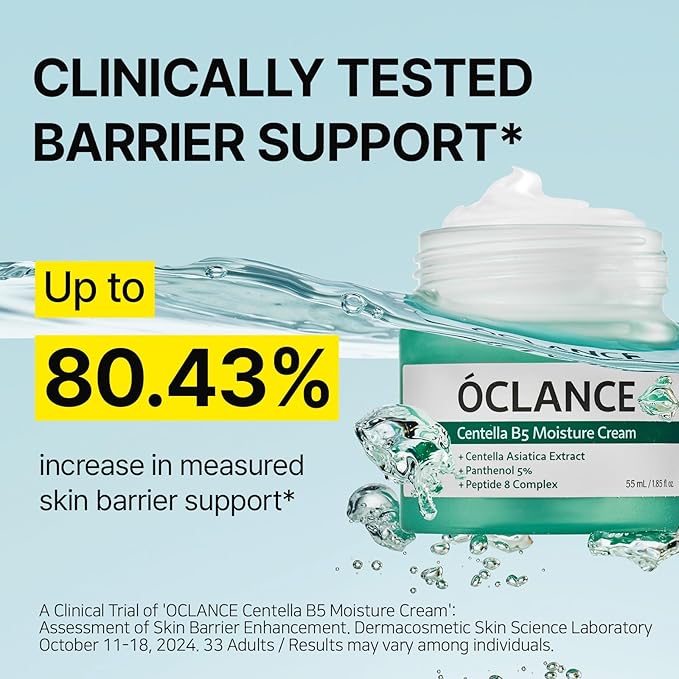 OCLANCE Centella B5 Calming Barrier Cream, Lightweight Non-Greasy Face Moisturizer for Sensitive Skin with Panthenol, Centella & 8-Peptide Complex, Fragrance-Free Korean Skincare, 1.85 fl oz (55ml)